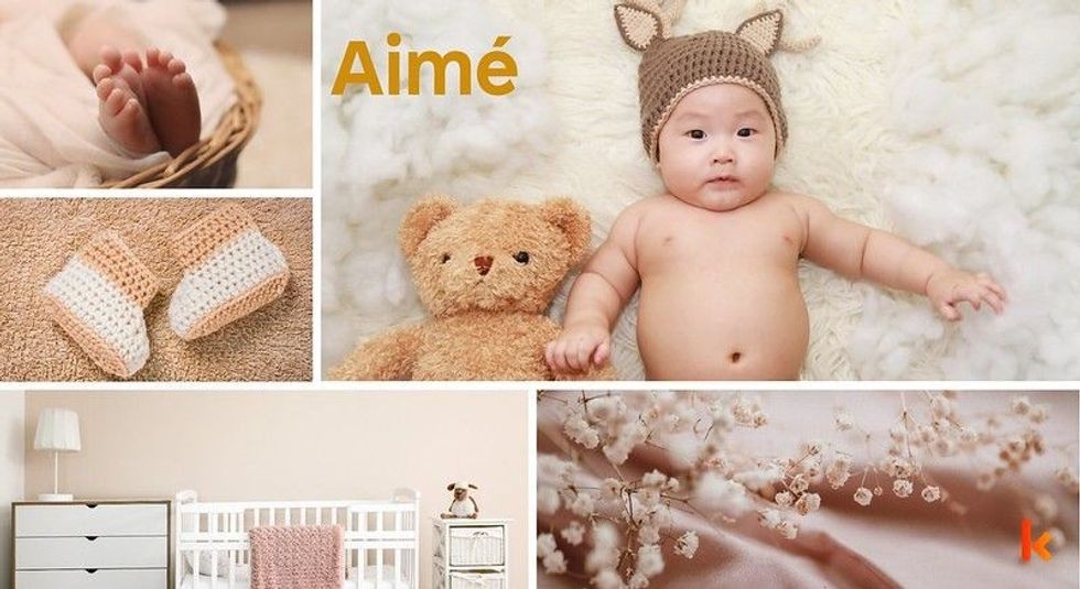 Baby name Aimé - cute baby, flowers, baby mobile, booties & feet