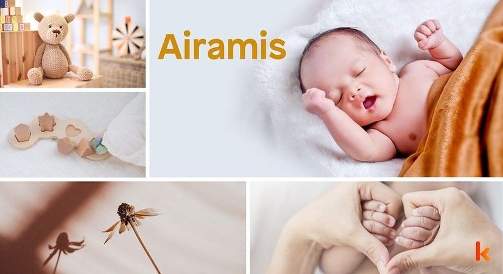 Baby name Airamis - cute baby, flower, crochet toys & hands