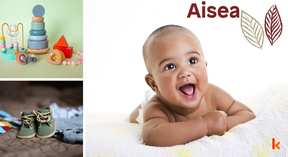 Baby Name Aisea - cute baby, flowers, shoes and toys