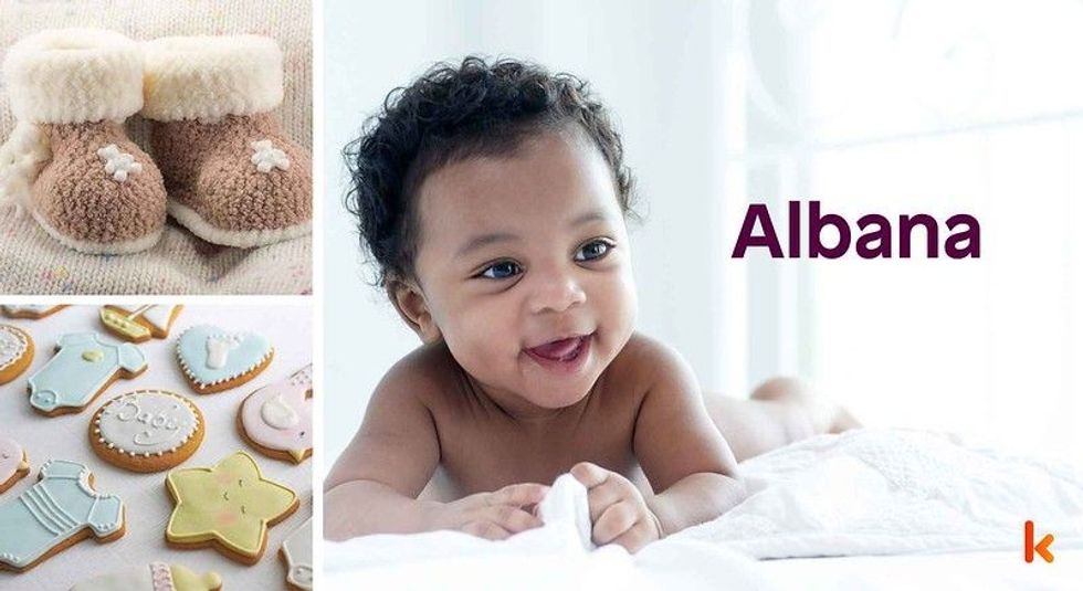 Baby Name Albana - cute baby, cookies, knitted booties.