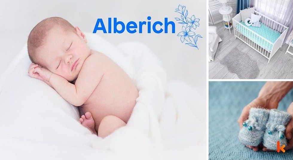Baby Name Alberich - cute baby, flowers, macrons, crib, shoes and toys.