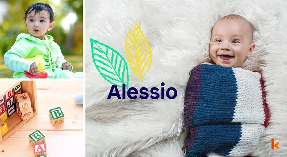 Baby name Alessio - cute baby, block toys & green hoodie