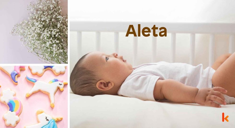 Baby name Aleta - cute baby, toys, flowers 