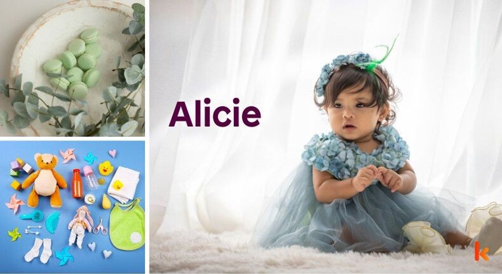 Baby name Alicie - cute baby, macarons, toys, flowers