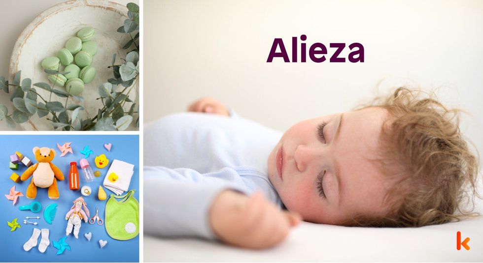 Baby name Alieza - cute baby, macarons, toys, flowers