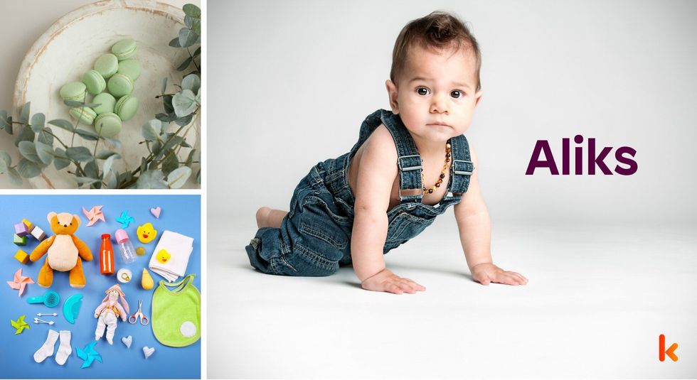 Baby name Aliks - cute baby, macarons, toys, flowers