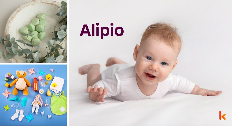Baby name Alipio - cute baby, macarons, toys, flowers
