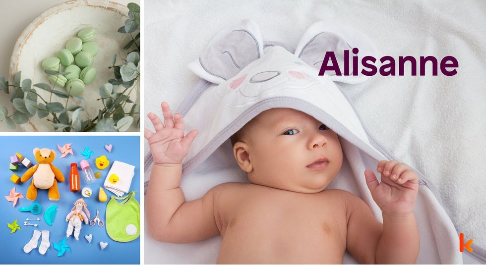 Baby name Alisanne - cute baby, macarons, toys, flowers