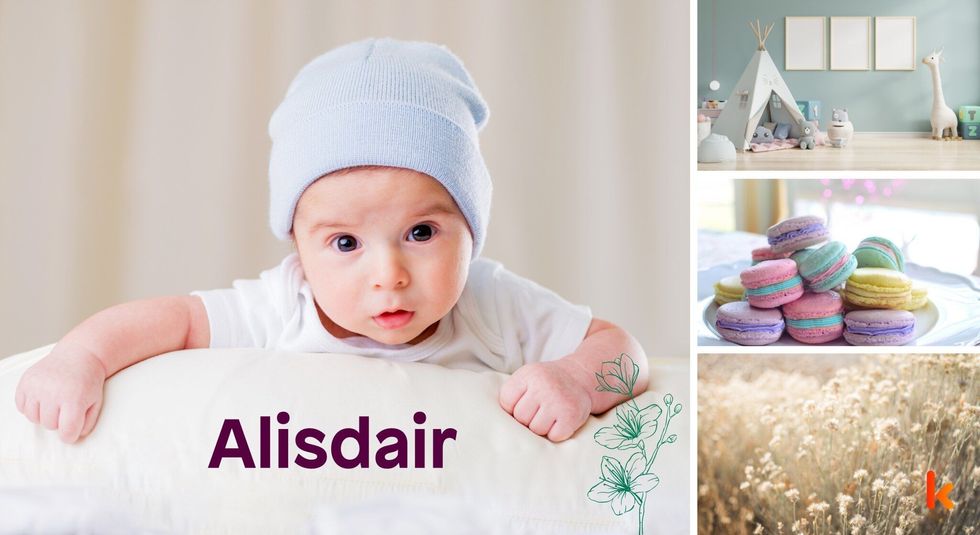 Baby name Alisdair - cute baby, macarons, toys, flowers