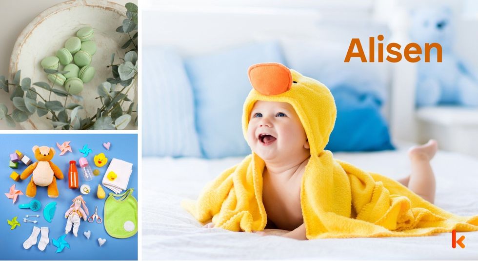 Baby name Alisen - cute baby, macarons, toys, flowers