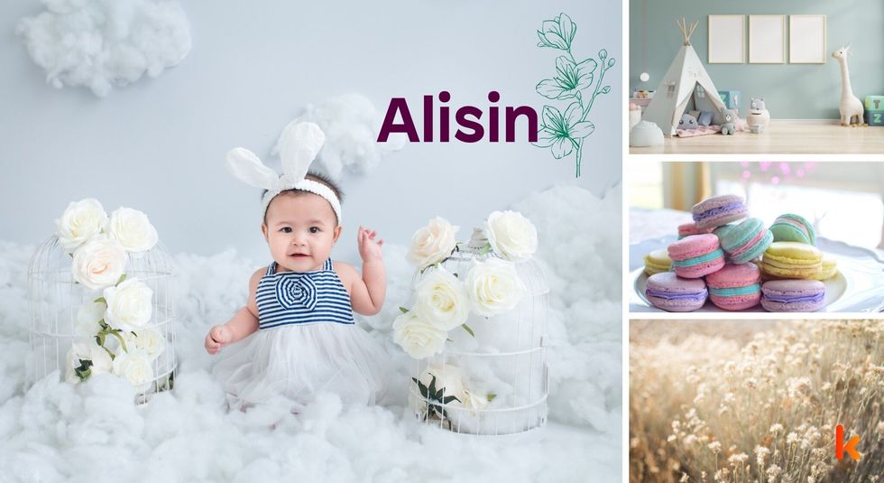 Baby name Alisin - cute baby, macarons, toys, flowers
