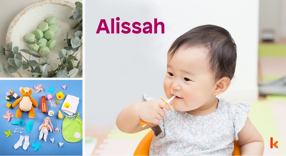 Baby name Alissah - cute baby, macarons, toys, flowers