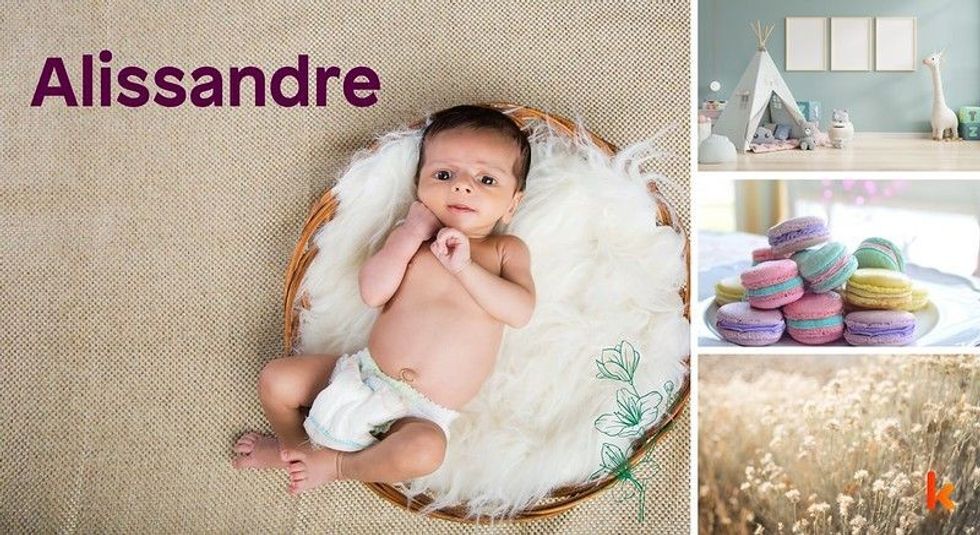 Baby name Alissandre - cute baby, macarons, toys, flowers