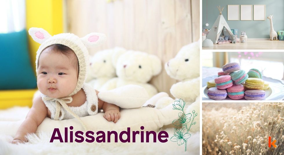 Baby name Alissandrine - cute baby, macarons, toys, flowers