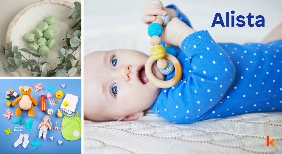 Baby name Alista - cute baby, macarons, toys, flowers