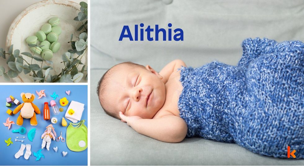 Baby name Alithia - cute baby, macarons, toys, flowers