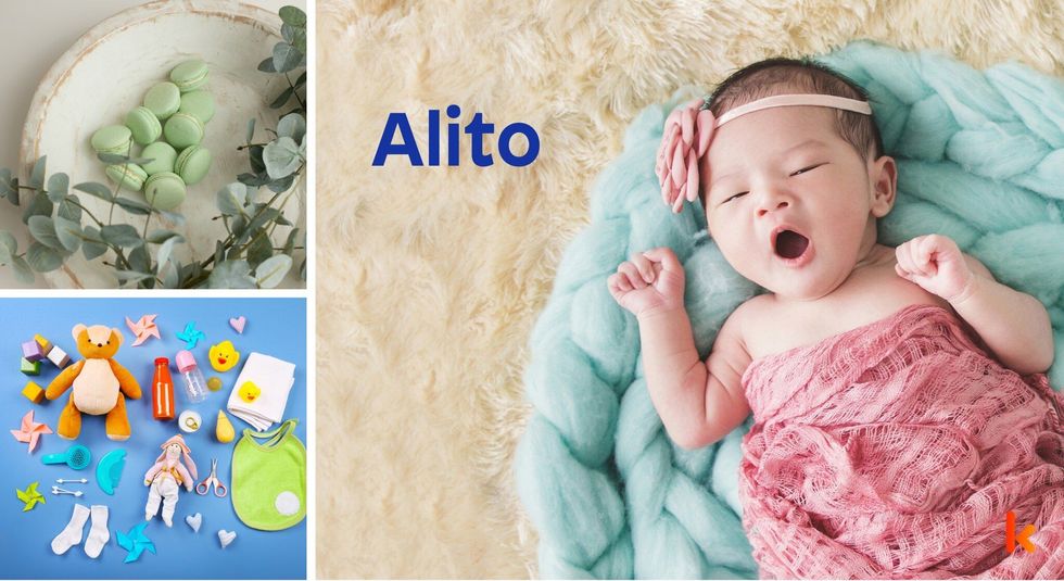 Baby name Alito - cute baby, macarons, toys, flowers