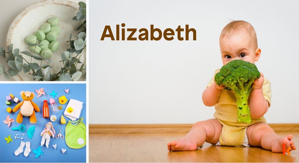 Baby name Alizabeth - cute baby, macarons, toys, flowers