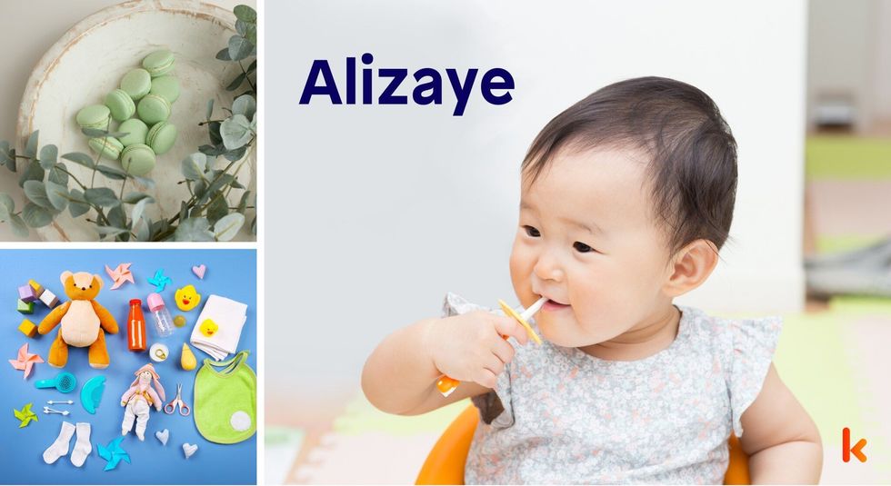 Baby name Alizaye - cute baby, macarons, toys, flowers