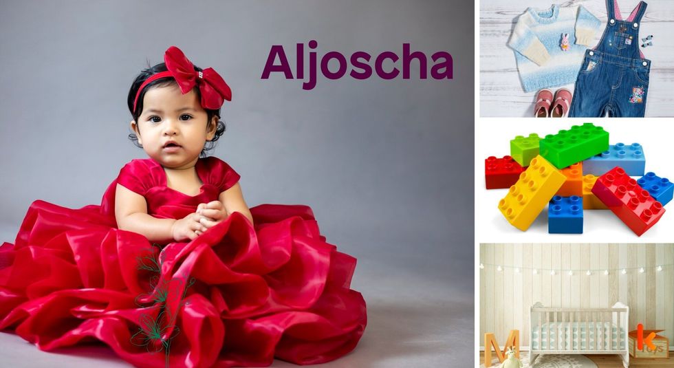 Baby name Aljoscha - cute baby, crib, toys, clothes, shoes