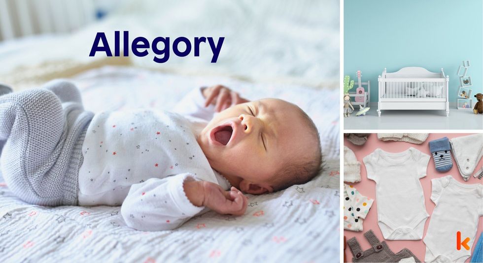 Baby name Allegory - cute baby, crib, toys, clothes, shoes.