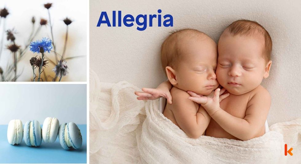 Baby name Allegria - cute baby, flowers, macarons