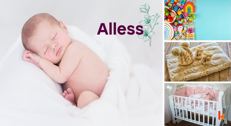 Baby name Alless - cute baby, crib, toys, clothes, shoes.