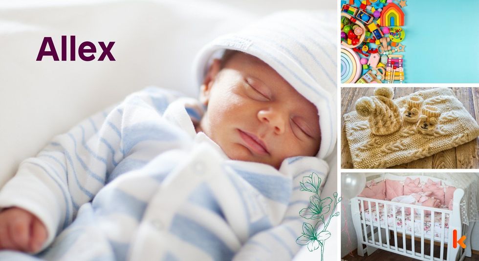 Baby name Allex - cute baby, crib, toys, clothes, shoes.