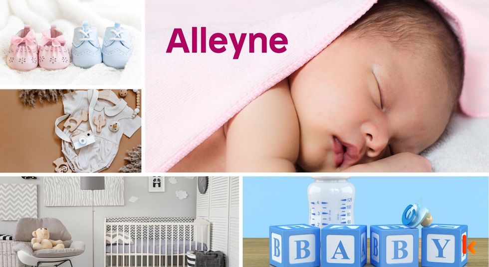 Baby name Alleyne - cute baby, crib, toys, clothes, shoes.
