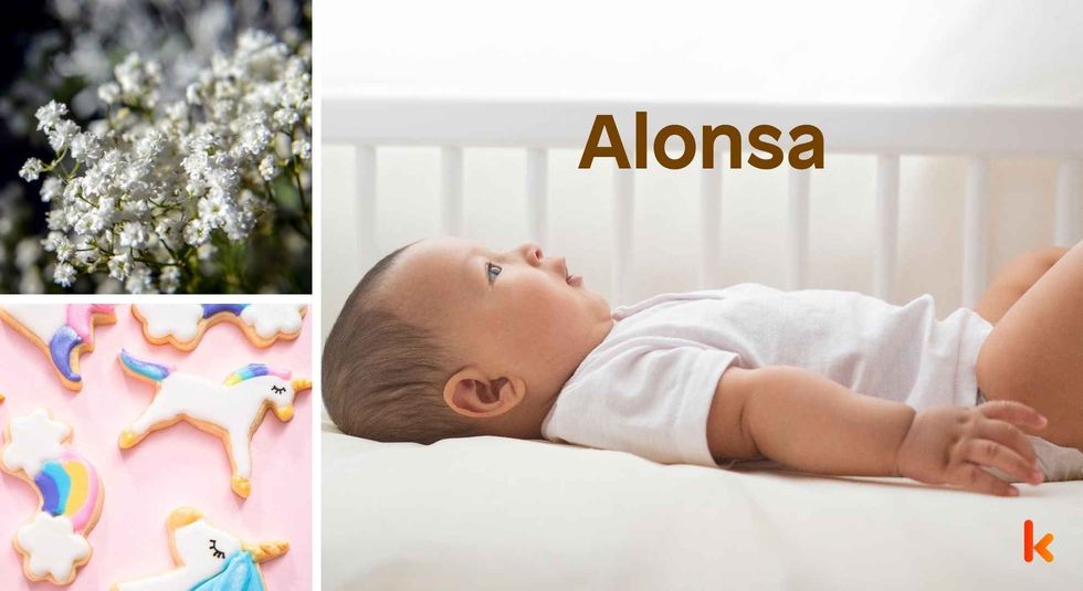 Baby name Alonsa - cute baby, toys, flowers 