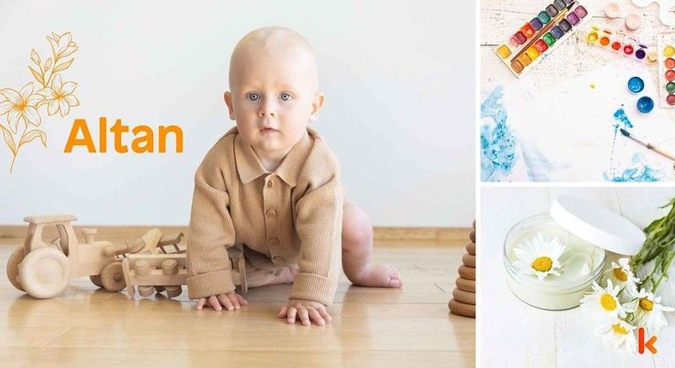 Baby name Altan - Cute baby, wooden toys, colors &flowers.
