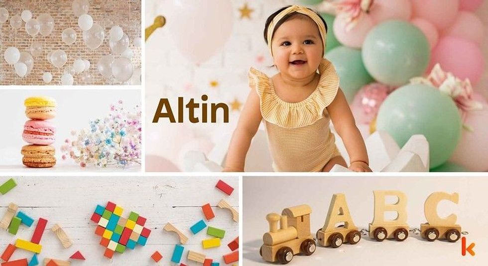 Baby name Altin - Cute baby, balloons, macarons, toy blocks & flowers.