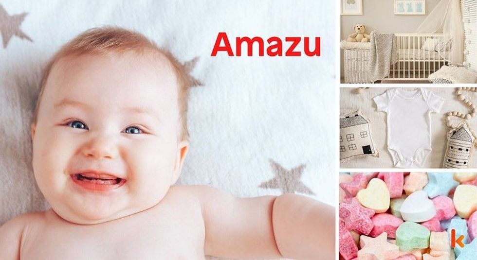 Baby name Amazu - cute baby, flowers, clothes, crib, accessories and toys.