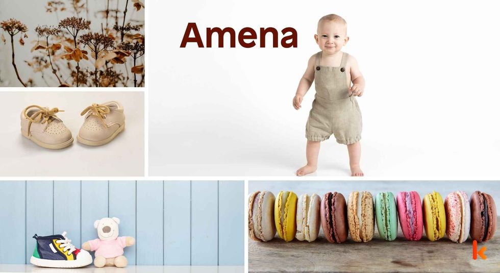 Baby Name Amena - cute baby, flowers, shoes and toys.