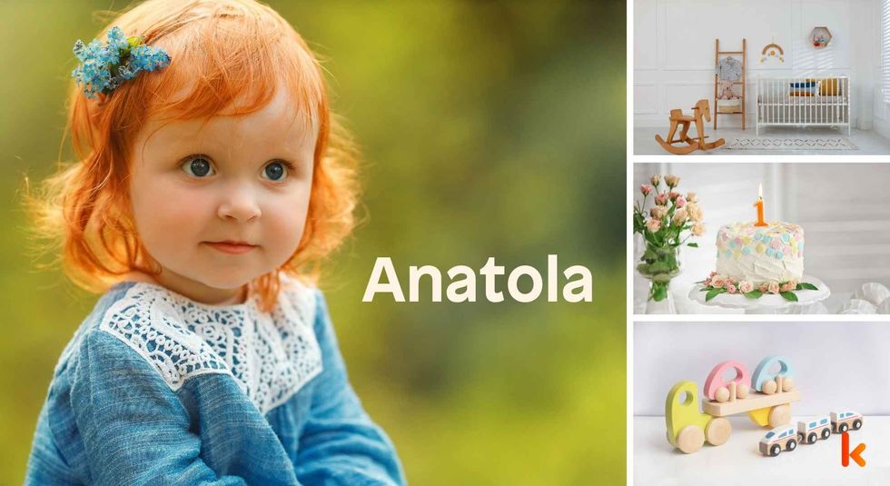 Baby name Anatola - Cute baby, cradle, toys & cake.