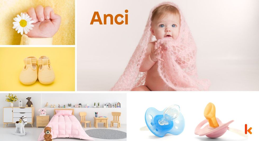 Baby Name Anci - cute baby, flowers, shoes, pacifier and toys.