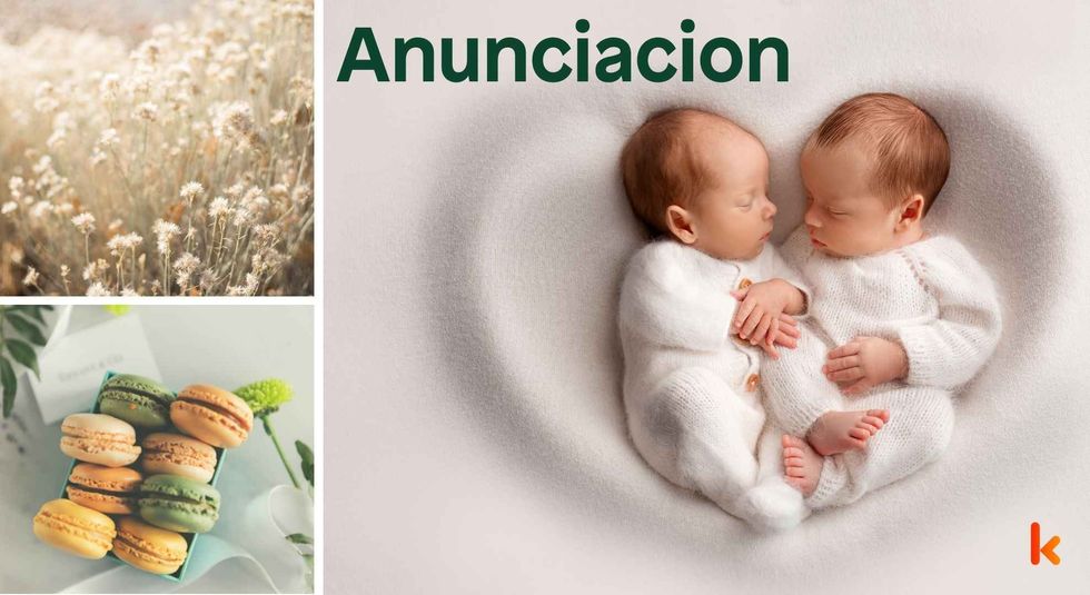 Baby name Anunciacion - cute baby, flowers, macarons