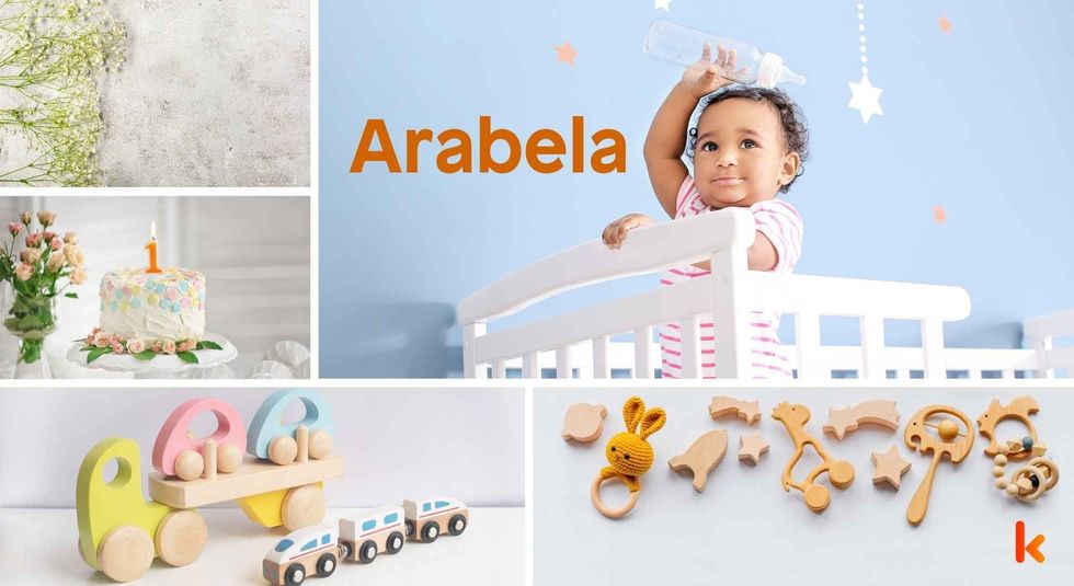 Baby name Arabela - Cute baby, wooden toys, cake flowers & cradle.