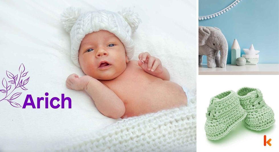 Baby name Arich - Cute baby, knitted cap, booties & toys.