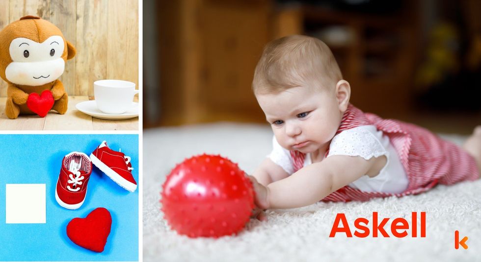 Baby Name Askell - cute baby, flowers, shoes and toys.