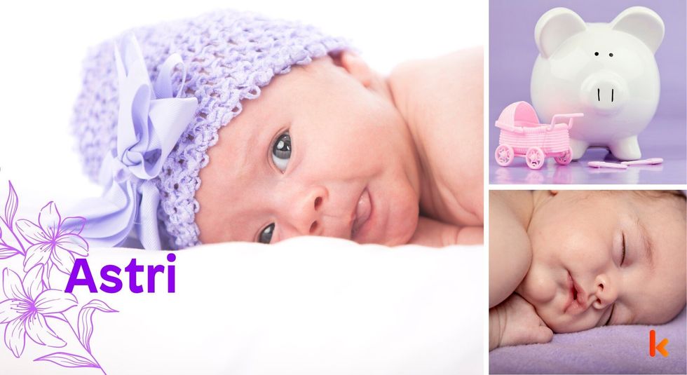 Baby name Astri - cute baby, purple knitted cap & toys.