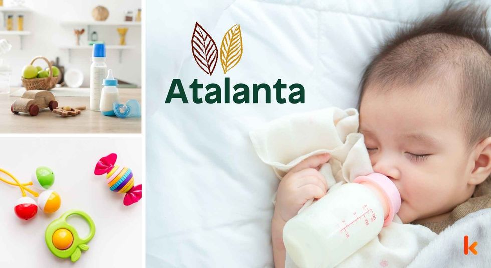 Baby name Atalanta - cute baby, wooden toys, milk bottle & teethers.
