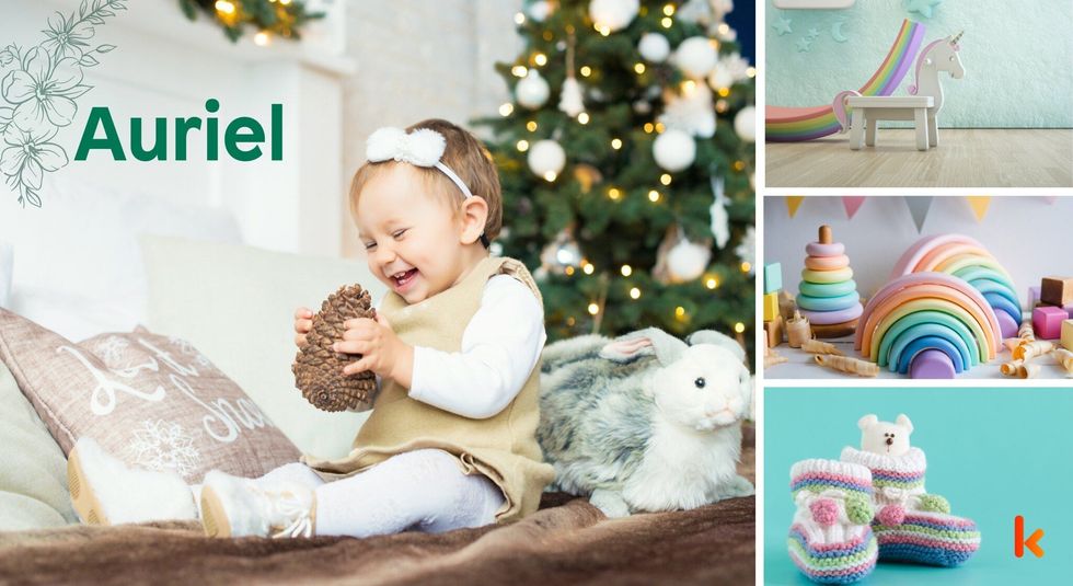 Baby name auriel - green christmas tree, booties, toys & chair