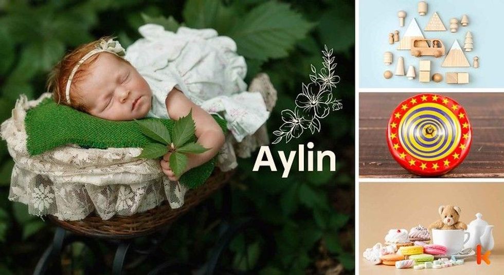 Baby name Aylin - Cute baby,  Babymoon basket, wooden toys & desserts.