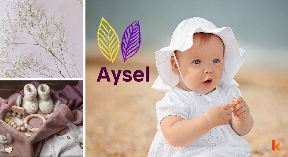 Baby name Aysel - Cute baby, cap, booties, clothes, toys & flowers.