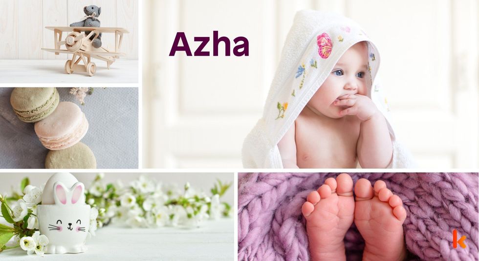 Baby name Azha - cute baby, macarons, blanket & toys.