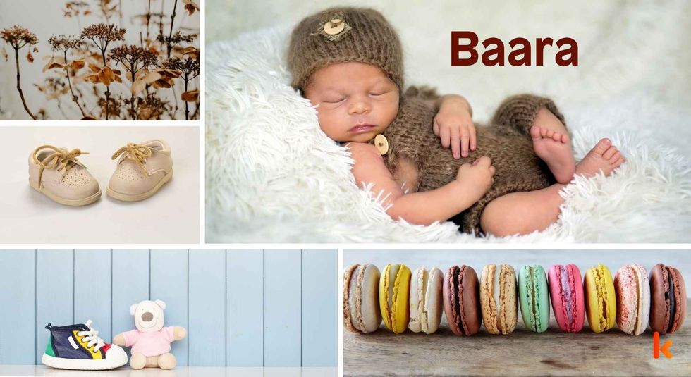 Baby Name Baara - cute baby, flowers, shoes, macarons and toys.