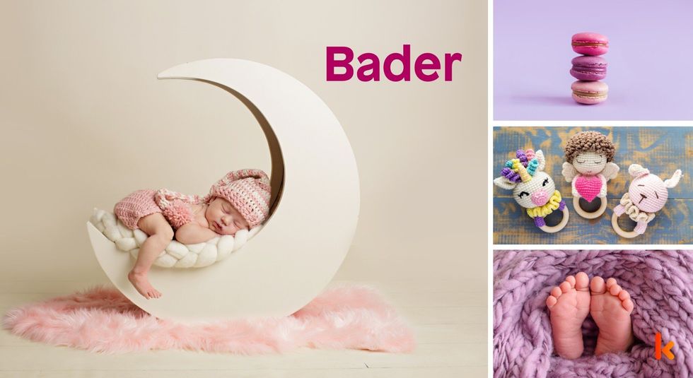 Baby name Bader - cute baby, macarons, moon & knitted toys.