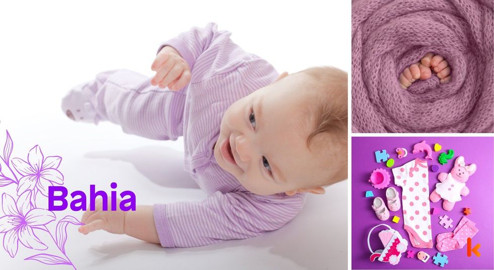 Baby name Bahia - cute baby, purple blanket & toys.