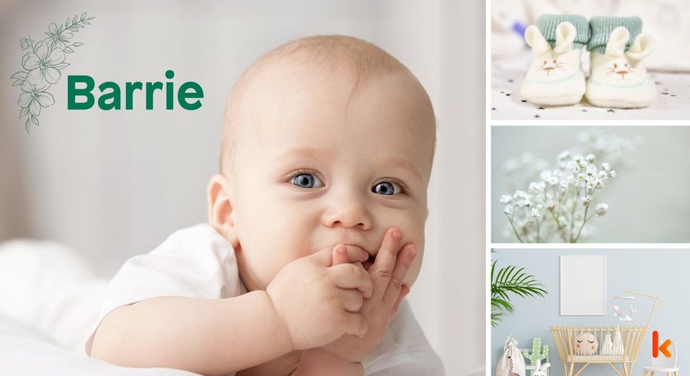 Baby name Barrie - cute baby, white booties, flowers & nursery
